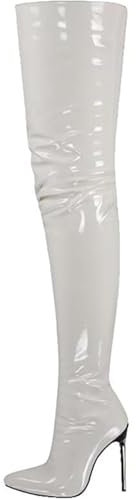 WEHAM Overknee-Stiefel für Damen in Übergröße, Kunst-PU, Overknee-Stiefel, Tanzschuhe für Damen, Kniehohe Stiefel mit seitlichem Reißverschluss,Weiß,44
