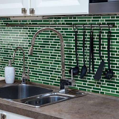 Alwayspon Tile Sticker, 12inch/30.5cm 10Pcs Emerald Green Marble Effect Self Adhesive Stick on Tiles Transfer for Bathroom Kitchen, Backsplash, Peel and Stick Vinyl Tiles Sticker