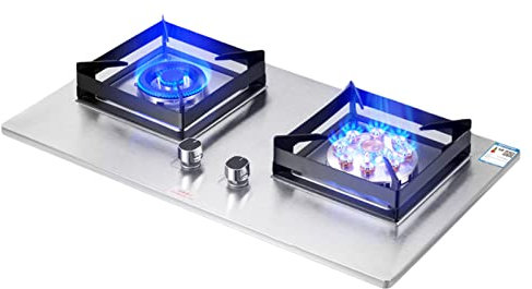 Plaque de cuisson à gaz double brûleur en verre trempé - Plaque de cuisson à gaz intégrée - Double combustible - Facile à nettoyer - Pour cuisine, camping-car, camping - 5/5,2 kW - Argent NG