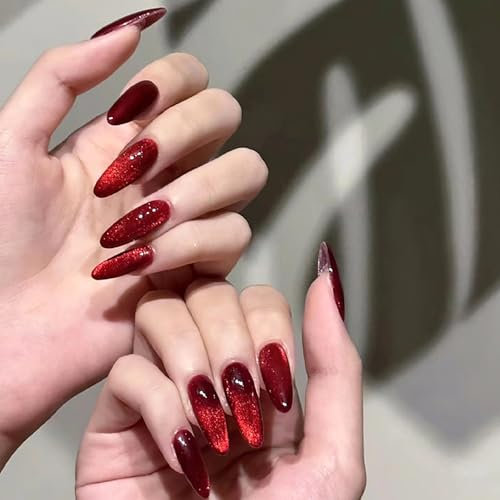 Red False Nails Long - Cat Eye Fake Nails with Glue - 24PCS Red Press on nails Almond - Glitter Stick on Nails - Strong Nail Tips and Glue Long Lasting for Women DIY Nail Art Home