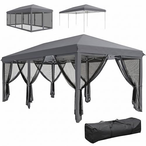 Outsunny Carpa Plegable Pop-Up Gazebo 3x6 m con 6 Paredes de Malla Gris