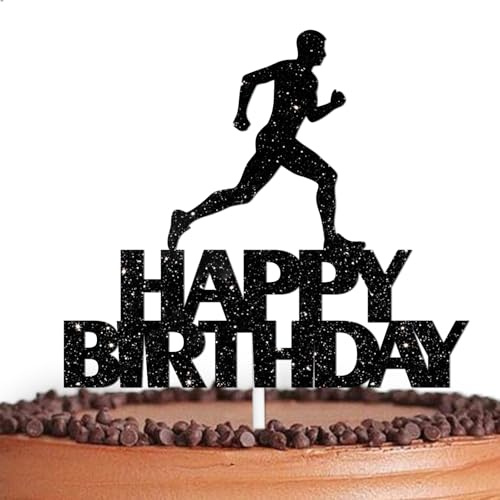 Black Glitter Runner Happy Birthday Cake Topper Cheer to Marathon Running Track and field Sport Theme Decor Supplies Men Women Boys Girls Happy Birthday Party Decorations
