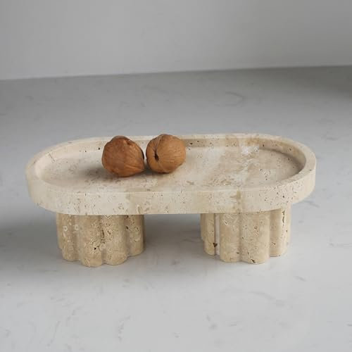 Natural Marble Tray with Leg, Round 18CM Vanity DecorativeTray for Countertop Organizer, CatchallTray for Perfume, Candles, Jewelry Dish (Oval)