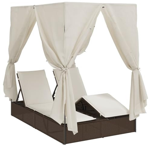vidaXL Doppel-Sonnenliege mit Dach und transparenten Vorhängen aus braunem Poly-Rattan – Das perfekte Outdoor-Liegebett für Deine Terrasse und Gartenmöbel, für entspanntes Sonnenbaden im Freien.