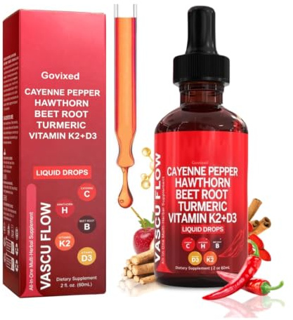 Govixed Cayenne Pepper Drops, Hawthorn Beet Root Turmeric Curcumin, Vitamin K2 & D3, Cayenne Health Supplements, Gentle Formula for Men and Women- 60ml