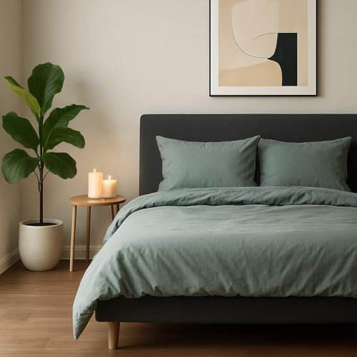 VEL VET HOME VelvetHome Bettwäsche 135x200 Baumwolle Salbei Grün Öko-Tex Made in EU 2-teilig Bettwäsche-Sets mit Reißverschluss 1x Bettbezug 135x200 cm + 1x Kissenbezug 80x80 cm