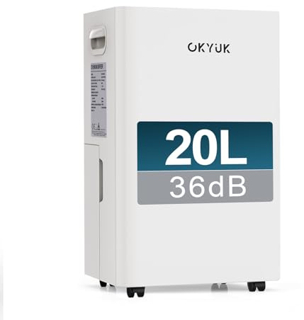 OKYUK Deumidificatore 20L/Giorno, deumidificatore casa 5.5L serbatoio d'acqua, 60 m²con spegnimento automatico Timing 24H, bagno, camera da letto, cantina.Sost. 1 anno, Garan. 10 anni. (20L Bianco)