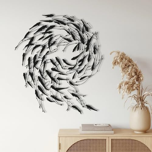 Tubibu Metall Fisch Wanddeko – Schwarze Fischfamilie Wandkunst im maritimen Stil – Moderne Wand Skulptur für Wohnzimmer, Bad, Garten, Balkon oder Terrasse (80x70)