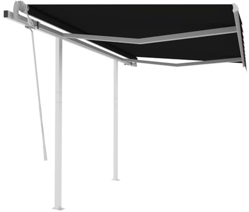 HaoChrymec Markise Manuell Einziehbar mit Pfosten, Pulverbeschichteter Aluminiumrahmen, UV-beständiger Stoff, Sonnenschutz für Balkon und Terrasse, Sonnensegel Balkon, Anthrazit, 350 x 250 cm