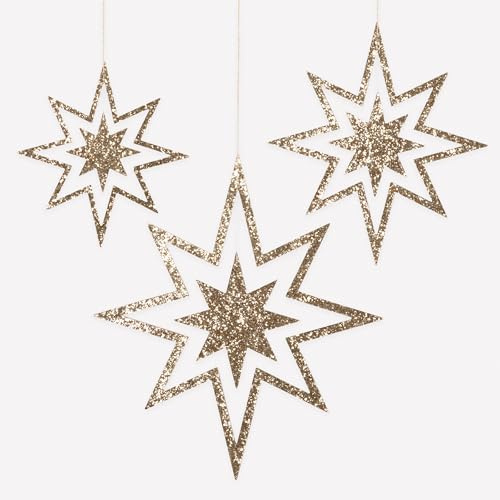 Meri Meri Großer Glitzer Weihnachtsschmuck aus Holz (3 Stück), 3 Größen, große Weihnachtsschmuck, wiederverwendbare hängende Dekorationen, Sterngrößen:27.3 cm, 36.5 cm, 47.0 cm