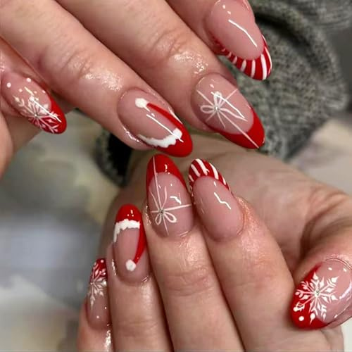 24 Stück Weihnachten French Press on Nails Mandel, Rot Weihnachtsnägel mit Streifen Design, Vollabdeckung Falsche Nägel, Künstliche Nägel Zum Aufkleben für Frauen (French Rot Streifen, 24Pcs)