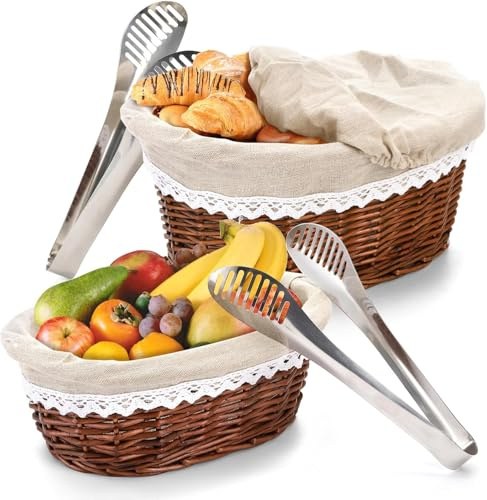 WUWEOT 2 Size Wicker Bread Baskets for Serving Set, 30 & 27 cm Bread and Pastries Basket Fruit Basket Sourdough Proofing Baskets with Removable Liner and Cover, Stainless Steel Tongs