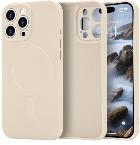 Urarssa Magnetic Case for iPhone 15 Pro Max, Liquid Silicone, Beige | Compatible with Magsafe, Premium Gel Rubber Silky-Soft Touch Phone Case, Anti-Scratch Shockproof Drop Protective Phone Cover