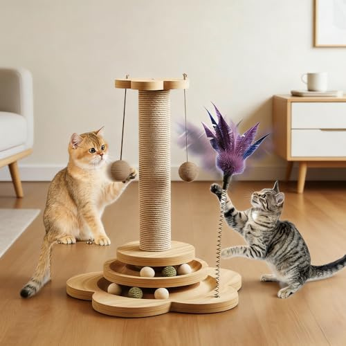 SKIKHN Jouet pour Chat Intérieur en Bois 4 en1,50CM Colonne De Griffe D'intérieur en Bois,Arbre à Chat avec Jouets,Arbre à Griffoir Corde en sisal avec Balle Tournante, Plumes, pour Chats