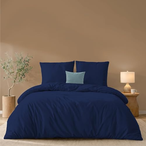 Twinzen - Bettwäsche 220x240 + 2 Kissenbezüge 65x65 cm - 100% Mikrofaser | Dunkelblau · Bettbezug · 3 Teile · Weich · Hautfreundlich · OEKO-TEX · Reißverschluss · Pflegeleicht · Langlebig