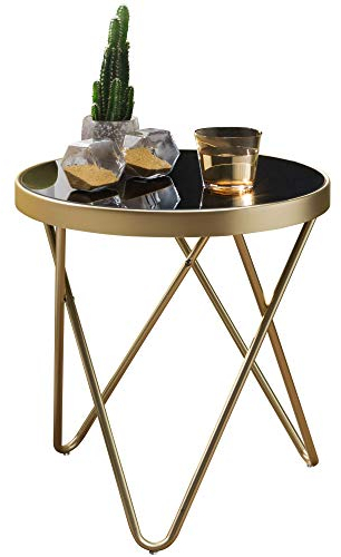 Wohnling Beistelltisch 42x46x42cm Couchtisch Rund Schwarz/Matt Gold, Wohnzimmertisch modern, Glastisch Metallgestell, Kleiner Sofatisch, Runder Metalltisch