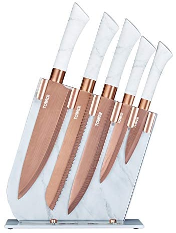 Tower T81534WR Kitchen Knife Set with Acrylic Knife Block, Stainless Steel with Soft Touch Handles, White Marble and Rose Gold, 5 Piece