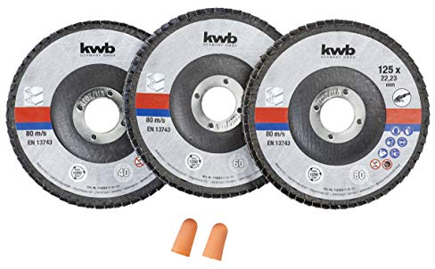 kwb 3 x Fächer-Schleif-Scheiben 125 mm in Aufbewahrungsdose inkl. Ohrstöpsel Korngrößen K-40, K-60, K-80 für Winkelschleifer ABM. 125 x 22,23