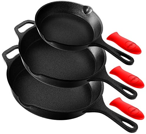 Nutrichef Ensemble de 3 Poêles en Fonte - Poêles à frire/Antiadhésives avec Bec Verseur- Poignées en Silicone - Compatibles Tous Feux, Black