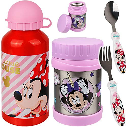 alles-meine.de GmbH 4 TLG. Set: Edelstahl - Thermo Warmhaltebox + Trinkflasche + Kinderbesteck - Wärme + Kälte - für Nahrung + Getränke - - Minnie Mouse & Einhorn - BPA frei - ..