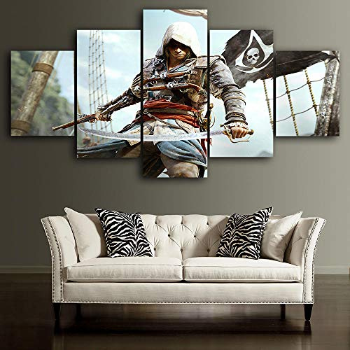 Drucke Auf Leinwand 5 Panels Gemälde Assassin'S Creed Black Flag Videospiel Kunstdruck Xxl Gemälde Abstrakte Bilder Artwork Bunt Wandkunst 150×80Cm Fertig Zum Aufhängen(Mit Rahmen)Für Heimtextilien
