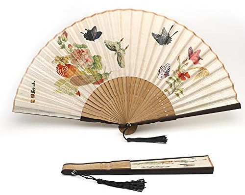 1SourceTek Silk Hand Held Folding Fans 8.27 inches (21cm) Women Hand Held Folding Fans With a Fabric Sleeve Protection for Gifts - Chinese Retro Style (Colorfu Butterfly)