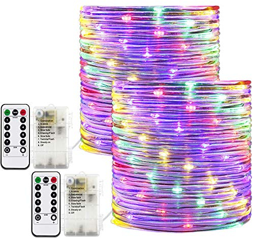 RcStarry 2 Stück Durchmesser 3mm Batterie LED Lichtschlauch Außen, 100 LEDs 10 Meter Wasserdicht Schlauch Lichterkette 8 Modi mit Fernbedienung Dekoration für Weihnachten, Garten, Hochzeit - Bunt
