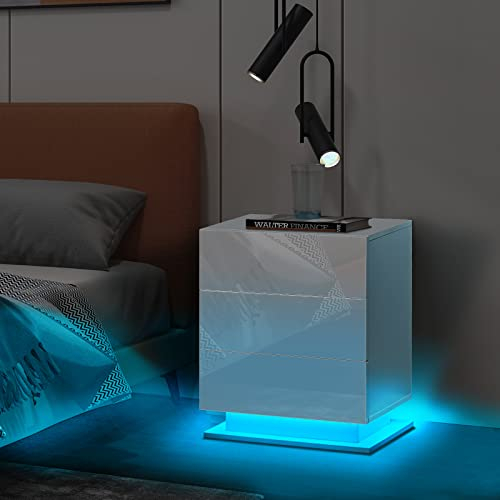 TUKAILAi Bedside Table with LED Lights, 3 Drawers Bedside Table White High Gloss Front Nightstand Cabinet for Bedroom Living Room