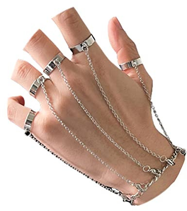 Sttiafay Punk Finger Ring Link Bracelet Adjustable Open Band Ring Chain Bracelet Hand Harness Slave Bracelet for Women and Men, Silver, 8 inches