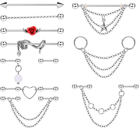 Kakonia Industrial Piercing Schmuck 14G 16G Edelstahl Industrial Ohrringe mit Kette Dangle Industrial Piercing Bar Doppelknorpel Helix Piercing Ohrringe Industrial Langhantel für Damen Herren