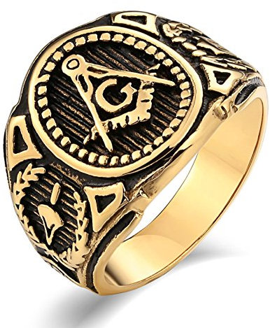 Gualiy Edelstahl Ringe für Männer, Gold Ringe Für HerrenGotische Freimaurerei Freimaurer Ring Größe 62 (19.7)