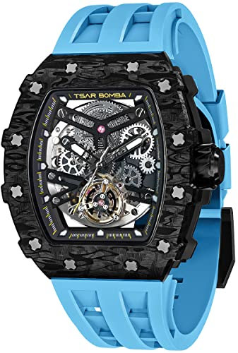 TSAR BOMBA Reloj para Hombres Reloj automático de Hombres Mecanismo japonés, Cristal de Zafiro Reloj Impermeable para Hombres de 50M Relojes Cuadrado Calado, Correa de Silicona TB8208
