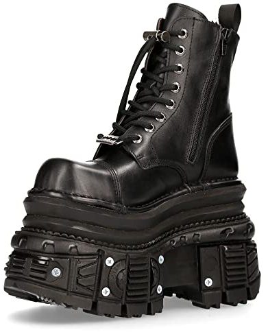 New Rock MILI083CCT-C4 Stivali Militari in Pelle Nera Metallizzata Punk Goth Rock