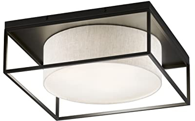 Fischer & Honsel | Deckenleuchte, Carre | sandschwarz| Stoffschirm| sandfarben Leinen/weiß| Acrylblende| weiß satiniert| L: 50,00 cm, B: 50,00 cm| Ausl. Decke: 18,00 cm| 3x E14 max. 25,0 Watt| 21327