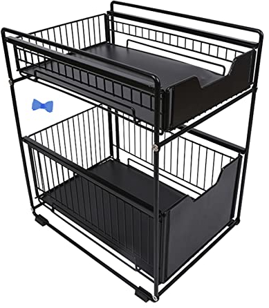 organiseur à 2 étages et paniers coulissants pour placard de cuisine Étagère de Rangement sous Évier avec 2 Niveaux Paniers Coulissants et Patin Antidérapant pour Cuisine (37.4*26.5*44cm-noir)