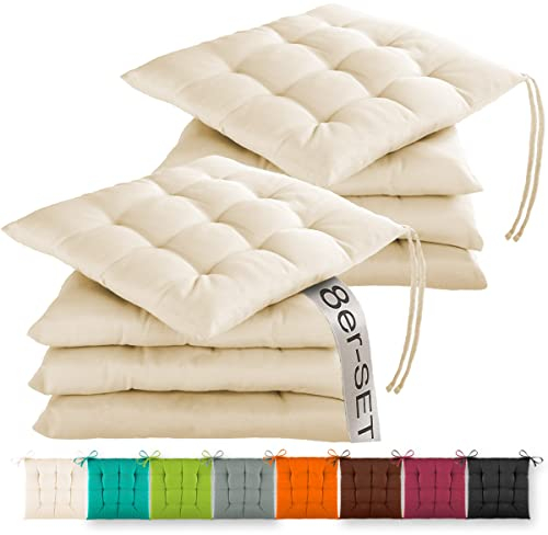 Gräfenstayn® 8er-Set Sitzkissen 40x40x3cm mit Haltebändern für Indoor und Outdoor mit Öko-Tex Siegel - (Creme)