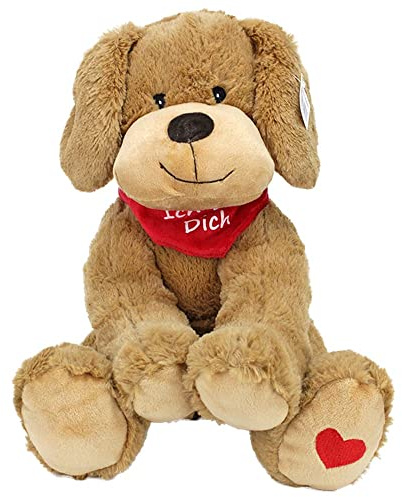 BEMIRO Kuscheltier Hund mit Spruch ich Liebe Dich - Besticktes Halstuch - ca. 28 cm, Hund Kuscheltier, Hund Kuscheltier braun