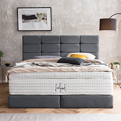 Designer Boxspringbett 160x200 Kansas Webstoff, mit Topper, Polsterbett, Hotelbett, ohne Bettkasten, 7 Zonen Taschenfederkern-Matratzen, Aufbau KOSTENLOS (Anthrazit, 160x200 cm mit Topper)
