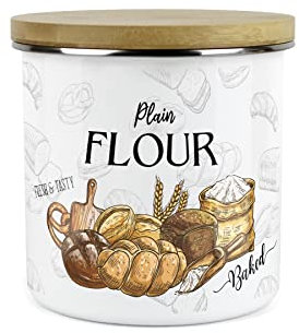 Purely Home Plain Flour Storage Canister - The Bakery Range - White Metal Enamel Kitchen Food Pantry Jar