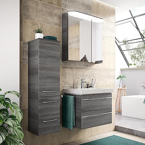 Lomadox Badezimmer Set, Waschtisch mit Spiegelschrank und Midischrank, LED Beleuchtung, Graphit Struktur quer Nb., B/H/T ca. 113/200/44 cm