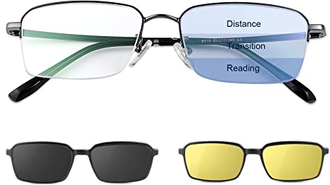 LJIMI Progressive Multifokal Lesebrille für Männer und Frauen, Blaulichtblockierung Computerbrille Multifokus Leser UV400-Schutz Brille Sonnenleser mit 2 magnetischen polarisierten Sonnenbrillen-Clip