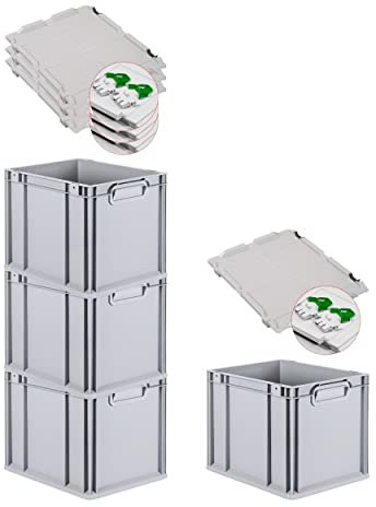 PROREGAL SuperSparSet 4x Eurobox NextGen Grip mit Scharnierdeckel und grünen Schiebeschnappverschlüssen, HxBxT 32x30x40cm, 30 L, Grau, Griffe geschlossen, Eurobehälter, Transportbox