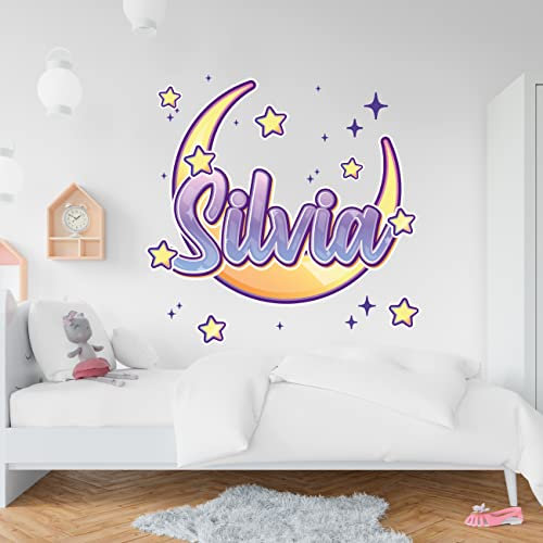 Pegatina Pared Decorativas con Nombres Personalizados para Decoración de Habitación de Niños o Bebe con Texto - Vinilo Adhesivo Luna con Estrellas