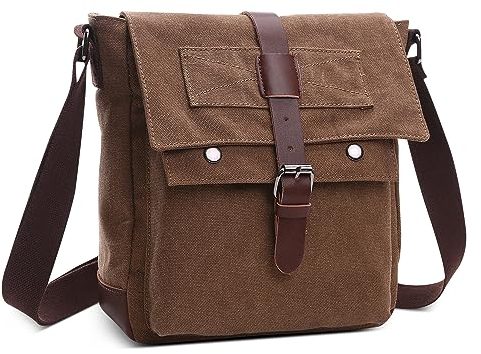 DORRISO Elegante Hombre Vintage Bolsos Hombro Lienzo Bolsa Mensajero para 10.9 Pulgadas iPad con Correa Ajustable Múltiples Bolsillos para Casual Cámping Al Aire Libre Tela Bandolera Marrón