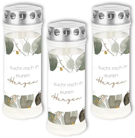 DOLORINO Grablicht mit Spruch sucht mich in euren Herzen | Eukalyptus-Kranz | 3er Set | 7-Tage Brenner | Öl-Licht in deutscher Qualität