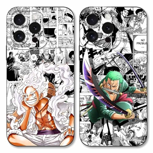 2 Stück Handyhülle für Apple iPhone 15 PRO MAX Hülle 6.7'' Anime Luffy Zoro Gear 5 Sun God Nika Muster Design Manga Case Kameraschutz Schutzhülle TPU Silikon Weich Ultra Dünn Schwarz2