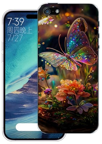 WUACYEAMING Hülle für iPhone 5/5S/SE(2016),Aesthetic Motiv Weiche Silikon Muster TPU Bumper Stoßfest Schutzhülle Transparent Mädchen mit Cover HandyHülle case Pattern-(Blume Schmetterling)