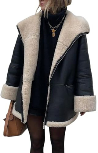 Glkaend Damen Faux Shearing Moto Bomberjacke Sherpa-gefütterter Mantel Winter Aviator Ledermantel Oberbekleidung,Schwarz,S