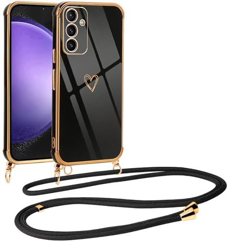 Vauki Coque pour Samsung Galaxy S23 FE 5G avec Cordon de Collier, Galvanisé Etui Housse avec Motif Coeur d'amour, Antichoc Anti-Rayures Case avec Bandoulière pour Samsung S23 FE 5G 6.4, Nior