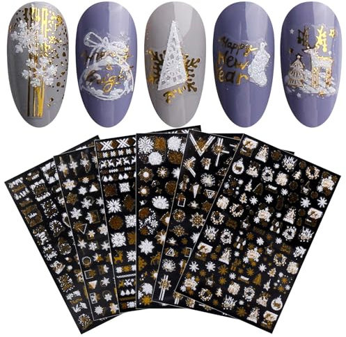 JMEOWIO Nagelsticker Weihnachten Glitzer 8 Blatt Nail Art Sticker Selbstklebend Nagelaufkleber Schneeflocke Weihnachten Winterurlaub Süß Dekoration Nageldesign Zubehör